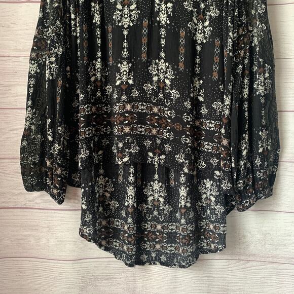 Gimmicks Boho Black White Floral Tunic Blouse High Low Keyhole Embroidery Size S - Picture 3 of 16